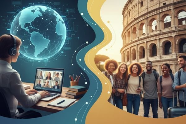 Students exploring online learning and studying abroad options for a global education experience