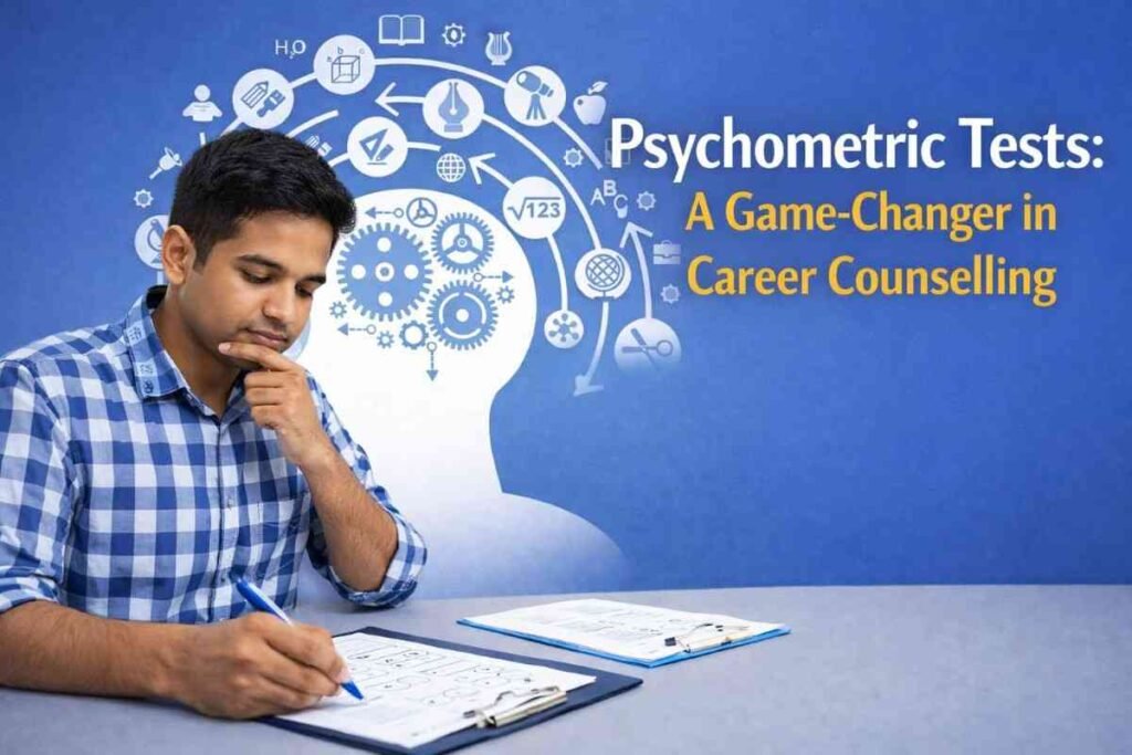 Student taking a psychometric test on a laptop during a career counselling session.
