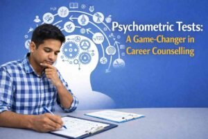 Student taking a psychometric test on a laptop during a career counselling session.